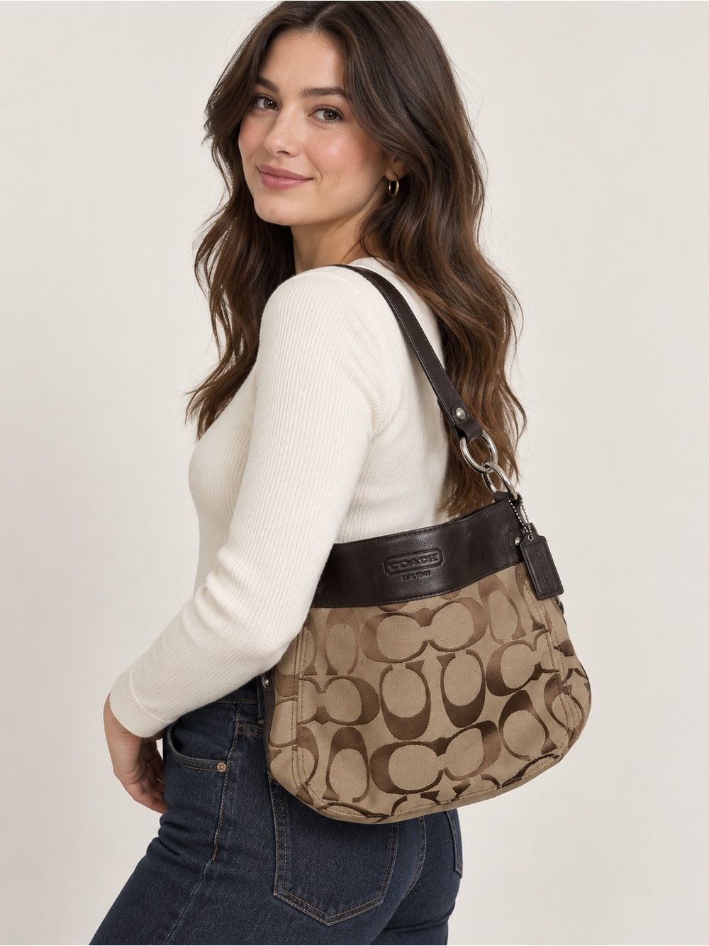 Coach F14703 Signature Canvas Hobo Shoulder Bag Brown Tan 2010 Y2K Style